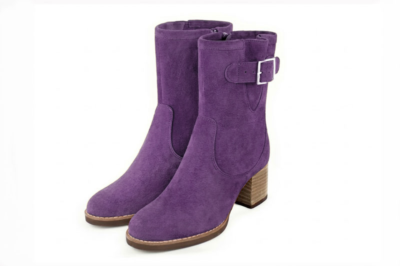 Classic leather ankle boots featuring adjustable side buckles and sleek hardware for secure support and timeless everyday style, in amethyst purple leather with round toe and mid block heel